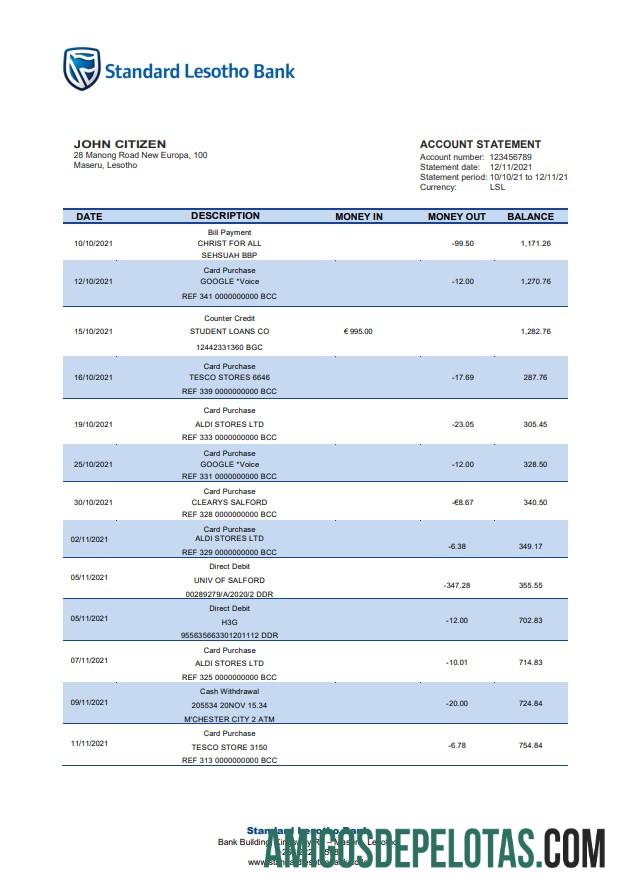 Modelo de extrato bancário padrão do Lesoto Lesoto